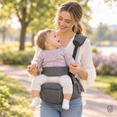 Mãe passeando no parque com o bebê sentado no Anco