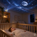 Quarto do bebê à noite com estrelas e a lua projetadas no teto pelo Estrelario na prateleira