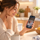 Mãe acompanhando o bebê dormindo pelo celular na cozinha